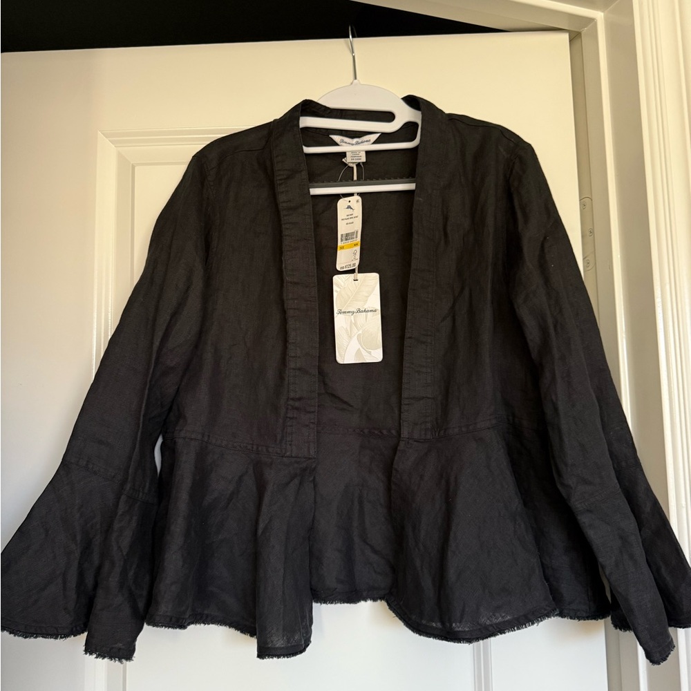 New Tommy Bahama Two Palms Linen Peplum Raw Edge Open Black Jacket Size M